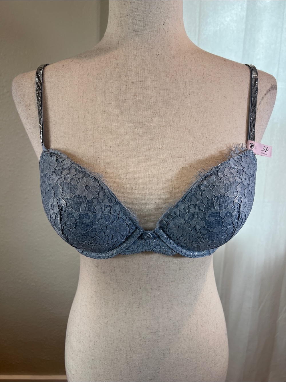 Victoria's Secret Lace Push-Up Bra in Dusty Blue Gray. 34C. NWT